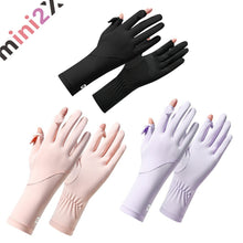 Load images into the gallery viewer,手袋 レディース UVカット 夏 【 アイスシルク 素材・-5℃冷感・UPF50+認定品 】 春 秋 UV手袋 2本指出し 細かい作業 紫外線対策 日焼け防止 極薄 軽量 通気性 速乾性 グローブ