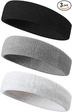 Load images into the gallery viewer,ヘアバンド 男女兼用 スポーツ ウォーキング ランニング 汗止め エココットン 素材 スポンジ 吸収性 通気性 ヘッドバンドス ポーツ 用 洗顔用 伸縮性あり 軽柔速乾 ランニング ダンス ヨガ ジョギング 男女兼用 3色3本セット メンズ レディース