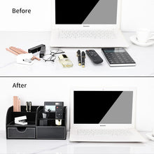 Load images into the gallery viewer,【 新品 未使用 アウトレット 】 PU高品質レザー デスク 収納ボックス 収納ケース 棚 整理棚 本棚 文房具 卓上オーガナイザー ペン ボールペン 鉛筆立て 文房具 収納 スタンド リモコン 小物 引き出し付き 整理 整頓 勉強 大人 子供 机