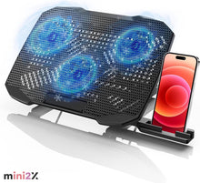 Load images into the gallery viewer,ノートパソコン クーラー 排熱 大口径 冷却ファン スマホ ホルダー 付き 性能向上 ノートPC 冷却 ファン USB 給電 2つ USBポート 滑り止め 付 5段階 高さ 調節 無段階 風速 調整 静音 ファン 便利 収納 しやすい 15.6インチも対応 会社 家庭 用 勉強 机 オフィス デスク PC