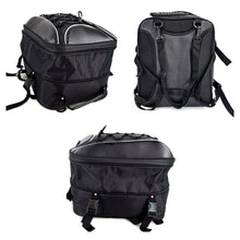 Load images into the gallery viewer,バイク バック シートバッグ リュックサック 二段式 拡張可能 20L - 30L 大容量 軽量 バイク リアボックス ツーリング ヘルメット 収納 撥水 防水 耐久性 固定ベルト 仕分け ポケット レインカバー 防水 カバー付き ショルダーストラップ アウトドア 日帰り 旅行 キャンプ