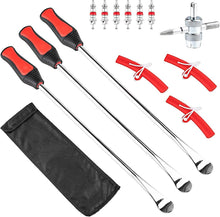 Load images into the gallery viewer,タイヤ 修理キット レバー 3本 メッキ 加工 車 バイク 自転車 用 交換 工具 13点 と 収納袋 付 セット タイヤ ホイール 脱着 専用 工具 パンク 修理 ツール キット タイヤ交換 原付 オートバイ スクーター 自動車 リムプロテクター バルブコアレンチ 交換用 バルブコア