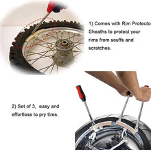 Load images into the gallery viewer,タイヤ 修理キット レバー 3本 メッキ 加工 車 バイク 自転車 用 交換 工具 13点 と 収納袋 付 セット タイヤ ホイール 脱着 専用 工具 パンク 修理 ツール キット タイヤ交換 原付 オートバイ スクーター 自動車 リムプロテクター バルブコアレンチ 交換用 バルブコア