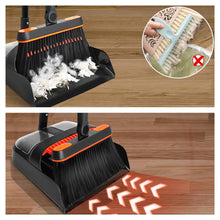 Load images into the gallery viewer,ほうき ちりとり セット 約 108cm ~ 138cm 伸縮 取り外し 可能 使いやすい ハンドル 180度 回転するヘッド ロングハンドル 軽量 自立 コンパクト 収納 掃除 道具 便利 室内 玄関 庭 最適 塵取り 使いやすい 腰痛 対策 ブラックオレンジ 自宅 オフィス 室内 室外 簡単 収納