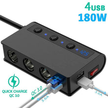 Charger l'image dans la galerie, シガーソケット 3連 【 急速充電 QC3.0 】 180W カー チャージャー シガレットライターソケット 付き 7ポート 給電 車載 充電器 12-24V 対応 USBポート 4口付 車用 増設 ソケット 分配器 スマートIC 搭載 LED 電圧 表示 お出かけ 旅行 アウトドア 車 カー用品 カスタム
