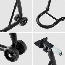 Load images into the gallery viewer,バイク リアスタンド 簡単 組み立て L型 U型 2種類付き キャスター 付き サイドスタンド 代わり メンテナンススタンド 後輪 修理 整備 用 耐荷重 340kg 750LBS 幅調整可能 メンテナンス チェーン ホイール タイヤ メンテ タイヤ オフロード トライアル アウトドア スポーツ
