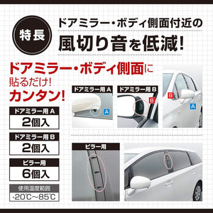 車 風切り音 低減 車内 静音 フィン セット カー カスタム 用品 静音 設計 ドアミラー ボディ ピラー 用 貼るだけ 取付 簡単 両面テープ 付き ドライブ アウトドア 旅行 日帰り カー用品 オシャレ 空気抵抗最適化 流体力学  ドアを開閉音低減 静か リラックス 評判