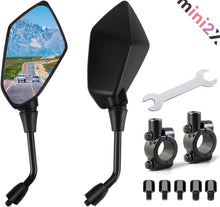 Load images into the gallery viewer,バイクミラー 汎用 左右セット M10 M8 正ネジ 逆ネジ 8mm 10mm バイク ミラー ハンドルクランプ ミラーホルダー 付き 22mm ハンドルバーミラー バックミラー ブラック カワサキ ヤマハ ホンダ スズキ オートバイ カスタム パーツ オフロード 原付 自転車 見やすい 送料無料
