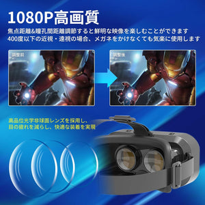 VRゴーグル オープンパネル設計 プラグアンドプレイ VR ヘッドセット 3D パノラマ 体験 1080P 超広角 120°視野角 スマホ 非球面光学レンズ 焦点 瞳孔距離 調節可能 装着感 良い メガネ 対応 通気性 軽量 4.7～6.5 iPhone android アイフォン アンドロイド などスマホ対応