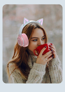 猫耳 ヘッドホン 可愛い 無線 対応 Bluetooth LED 虹色発光 ワイヤレス ヘッドフォン ヘッドホン ヘッドセット スマホ スマートフォン マイク付き  折りたたみ ネコミミ 子供 大人 かわいい (bluetooth接続の場合にマイクが使用可能です。有線の場合はマイクは使用不可。）