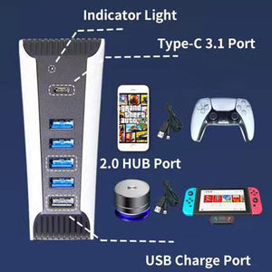 PS5 5ポート 追加 USBハブ 一体型 同時に接続可能 USB ハブ プレステ5 プレイステーション5 ゲーミング ゲーム グッズ ゲームグッズ